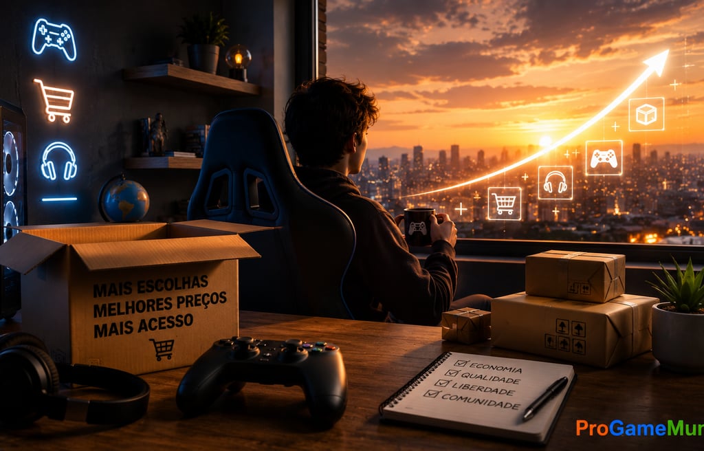 Jogador observa cidade ao pôr do sol com caixas, controle e ícones de compras gamer.