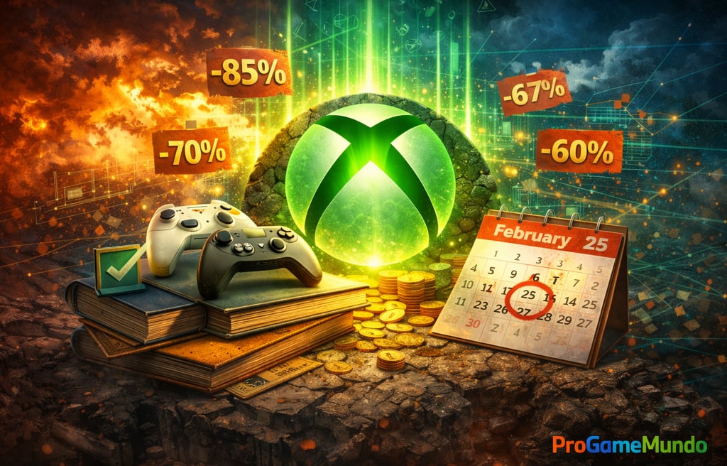 Logotipo Xbox com livros, descontos e calendário marcando 25 de fevereiro