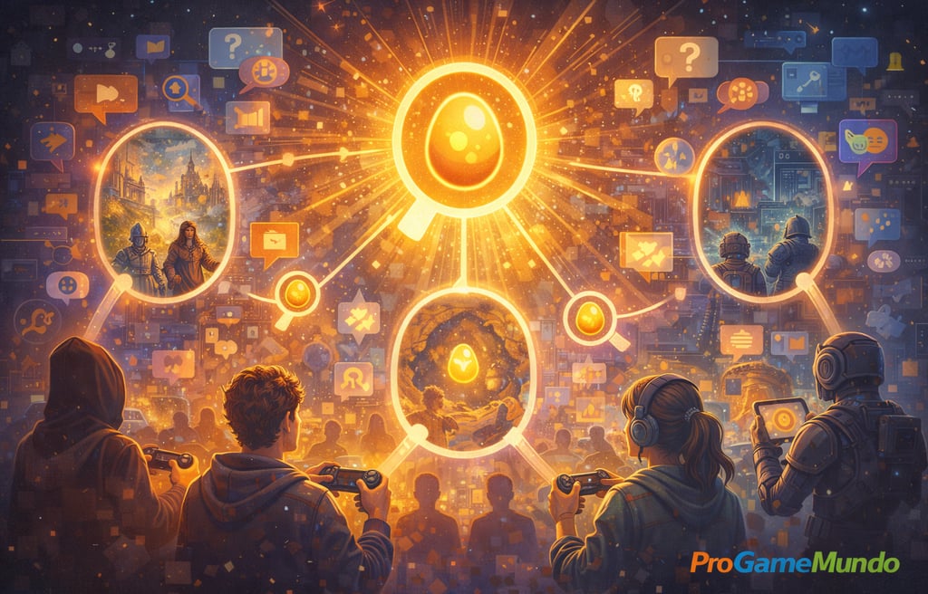 Ilustração mostrando Easter Eggs conectando jogadores, mundos virtuais e cultura gamer