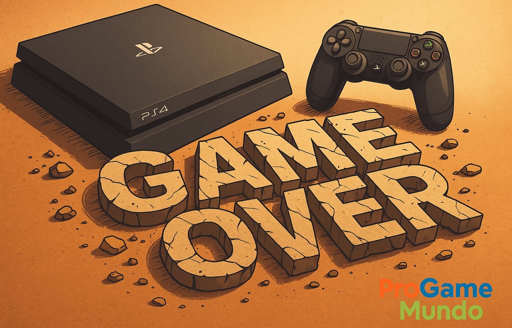 Console PS4 cercado por elementos futuristas desfocados, simbolizando o fim do suporte e a transição
