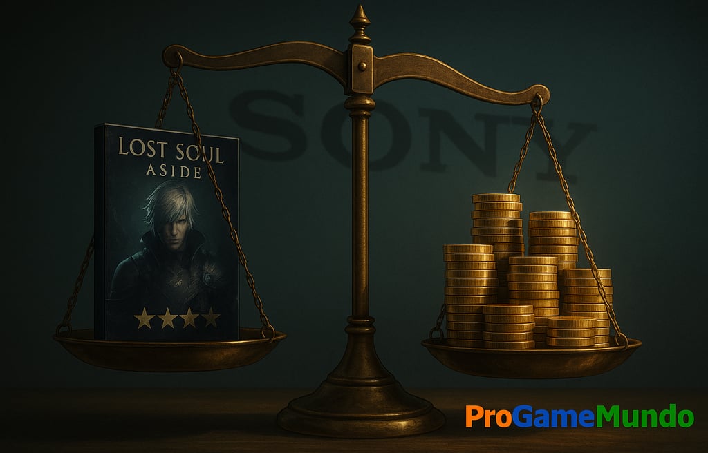 Balança com Lost Soul Aside de um lado e moedas do outro, representando desequilíbrio
