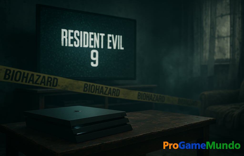 PS4 em sala sombria; TV mostra “Resident Evil 9”; fita BIOHAZARD.