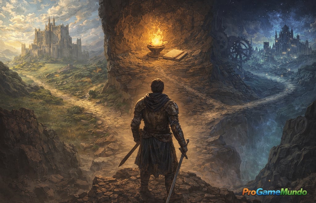 Personagem diante de múltiplos caminhos simbolizando o futuro e o legado dos jogos soulslike