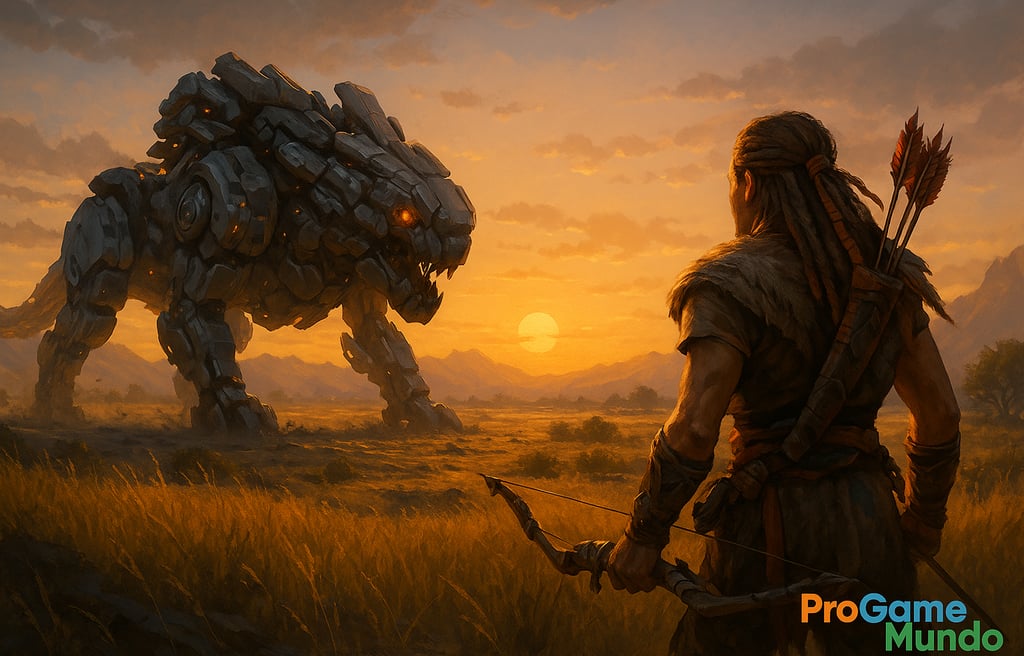 Caçador observa uma máquina gigante ao pôr do sol em cenário inspirado no universo Horizon.