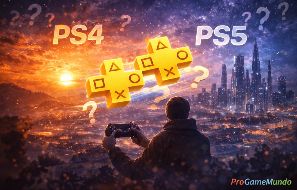 Jogador observa PS4 e PS5 com símbolo da PS Plus e dúvidas no céu