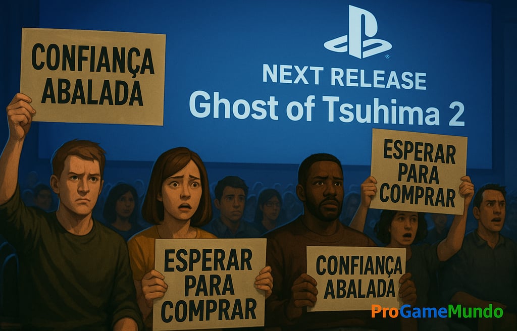 Auditório da PlayStation com público segurando placas críticas após anúncio de Ghost of Tsushima