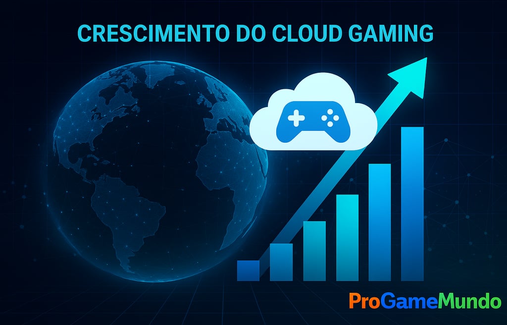 globo digital com gráfico crescente e ícone de cloud gaming, representando o crescimento global