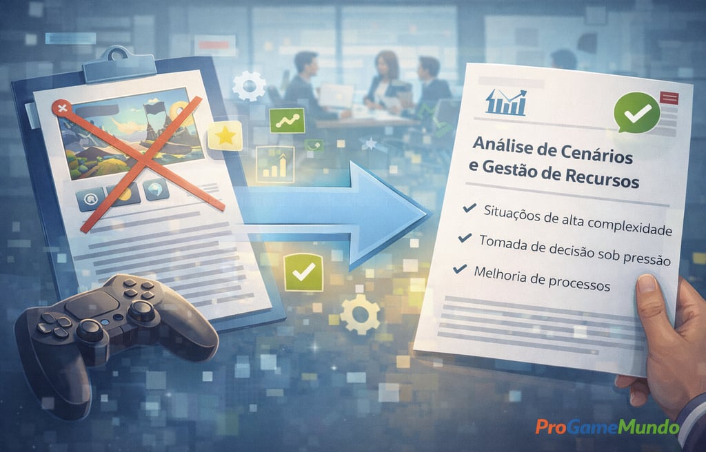 Ilustração mostra a conversão de experiência em jogos em competências profissionais avaliáveis.