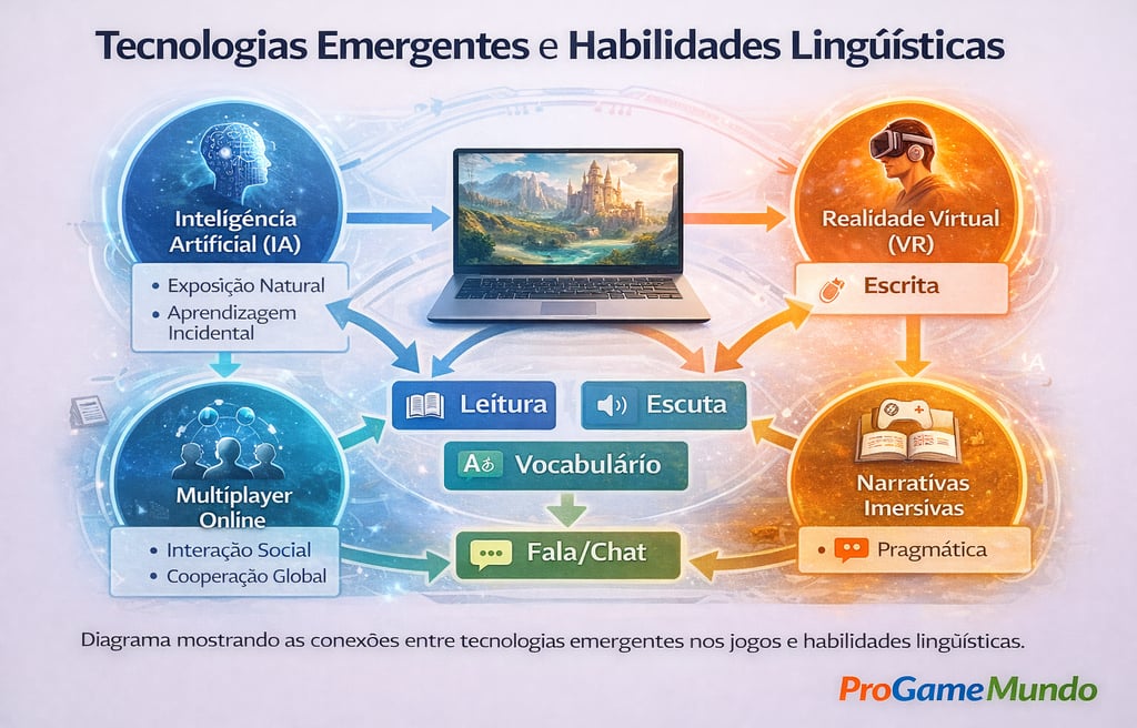 Diagrama ligando tecnologias de jogos a habilidades linguísticas como leitura, fala e vocabulário