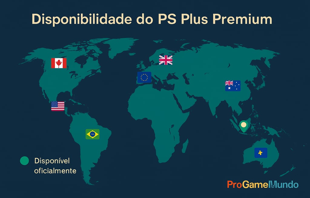 Infográfico com bandeiras de países onde o PS Plus Premium com clássicos está disponível.
