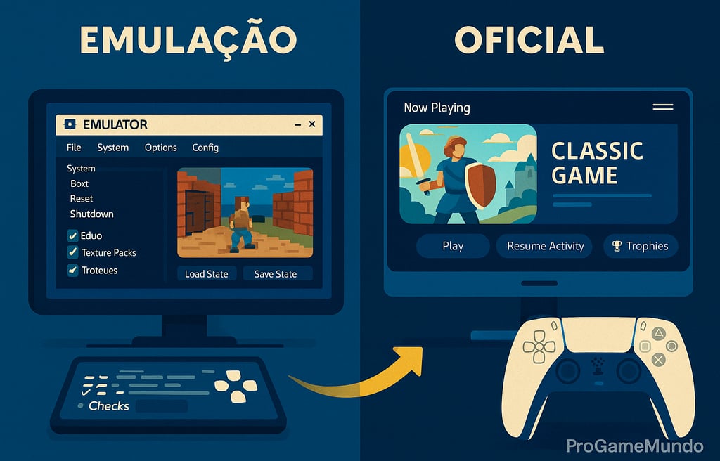 Tela dividida entre emulador de PC e versão oficial no PS5 com DualSense.
