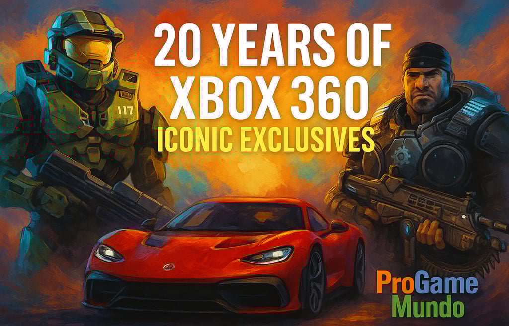 Master Chief, Marcus Fenix e carro de Forza em ilustração celebrando o auge dos exclusivos do Xbox 