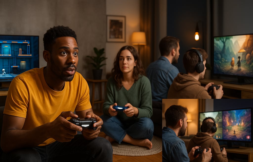 Quatro jogadores em ambientes distintos jogando games de estilos variados no Nintendo Switch.