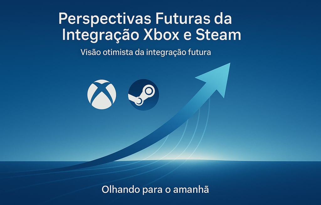 Seta azul crescente com logos da Xbox e Steam sobre fundo futurista.