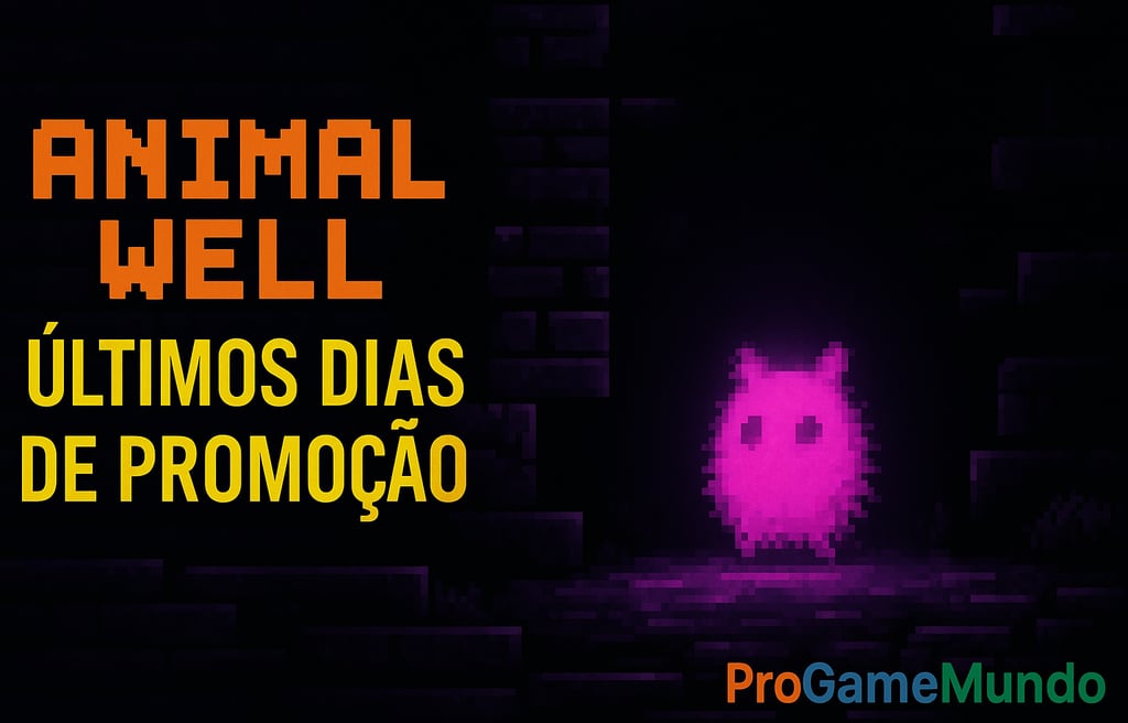 Animal Well com criatura rosa pixelada brilhando na escuridão.