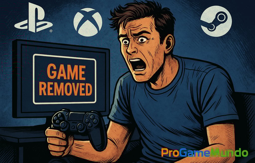 Jogador em choque diante da tela que exibe "Game Removed" nas plataformas digitais.