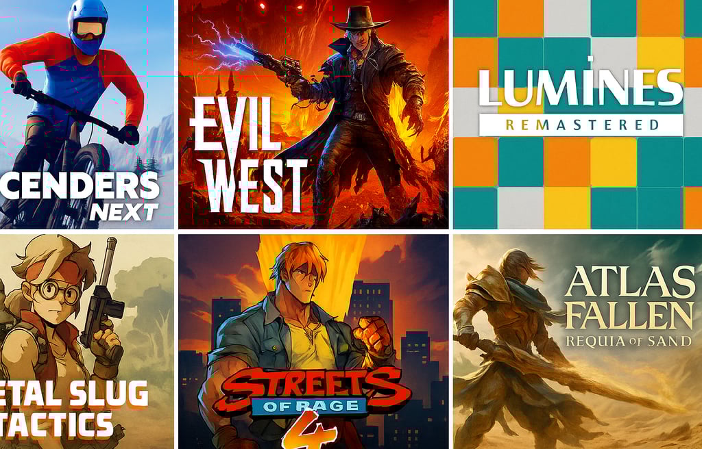 Colagem horizontal com seis jogos da semana em destaque no Xbox, cada um com sua arte visual marcant