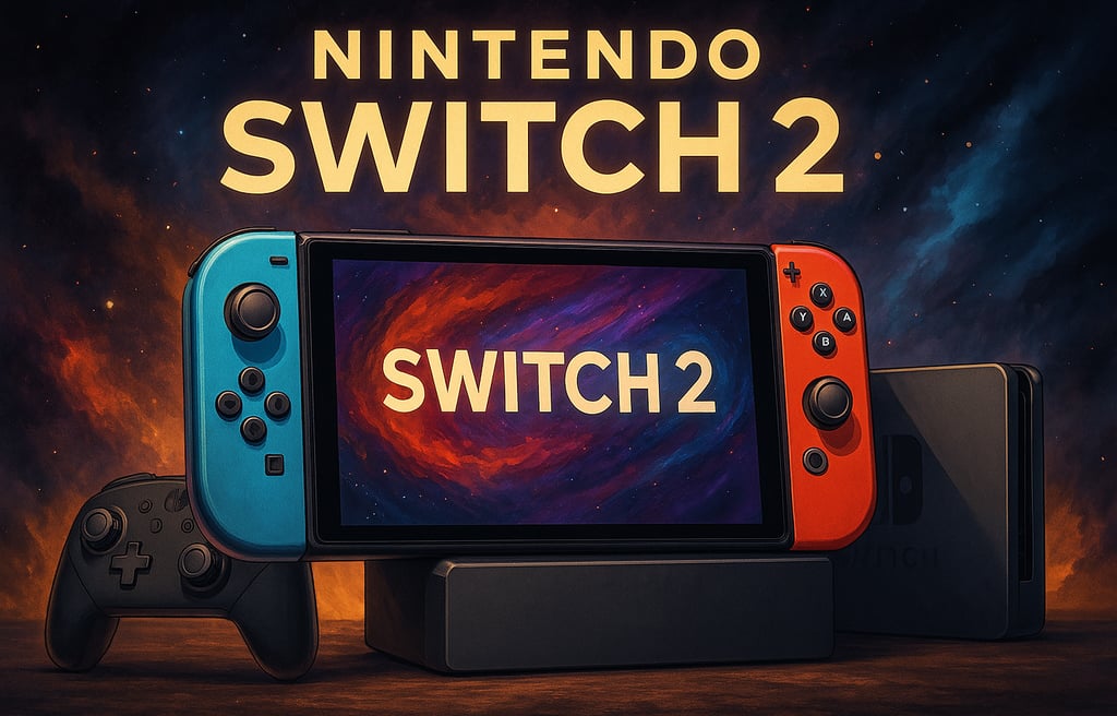 Ilustração semi-realista do Nintendo Switch 2 em ambiente futurista, simbolizando o início