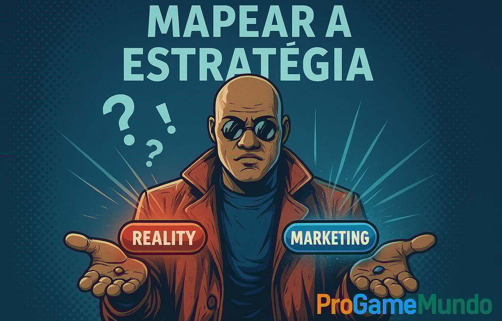 Homem estilo Morpheus segurando pílulas “Realidade” e “Marketing” em estilo HQ.