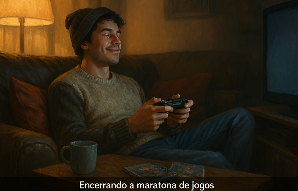 Cena realista de jogador com Nintendo Switch relaxando após maratona de jogos.