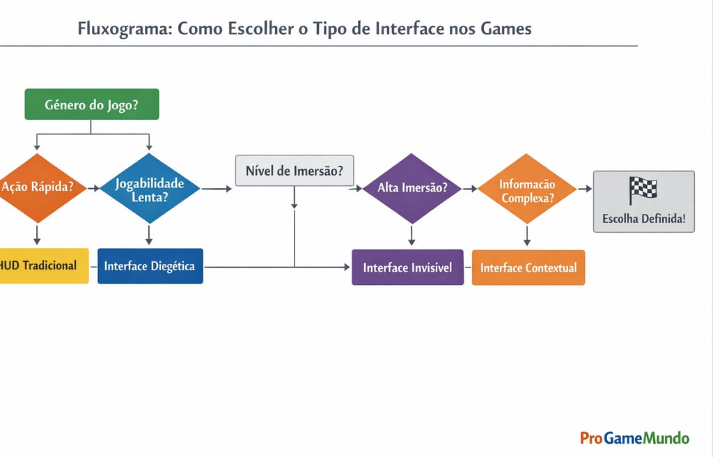 Fluxograma para escolha de interface em game design com HUD e UI contextual.
