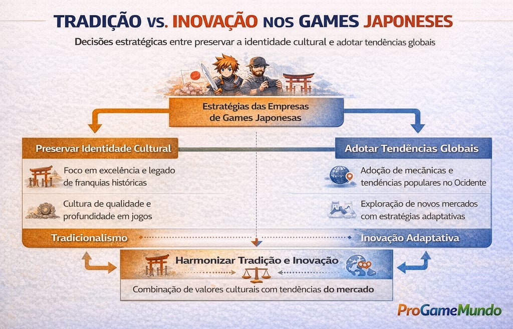 Fluxograma mostrando decisões entre tradição cultural e inovação nos games japoneses