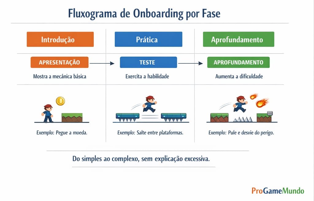 Fluxograma do tutorial implícito no design de fases e no onboarding do jogador.