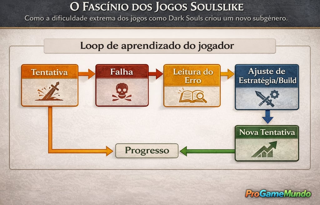 Fluxograma do loop de aprendizado do jogador em jogos soulslike, do erro ao progresso