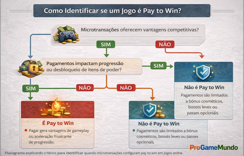 Fluxograma com critérios para identificar quando microtransações tornam um jogo pay to win