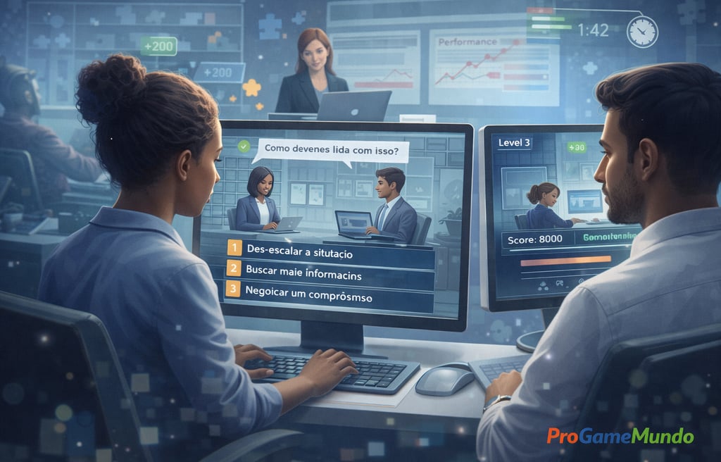 Simulação digital usada em recrutamento para avaliar tomada de decisão, comunicação e análise compor