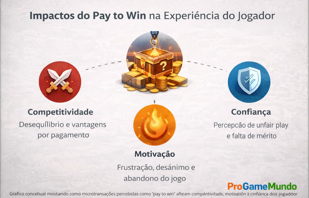 Gráfico mostrando impactos do pay to win na competitividade, motivação e confiança dos jogadores