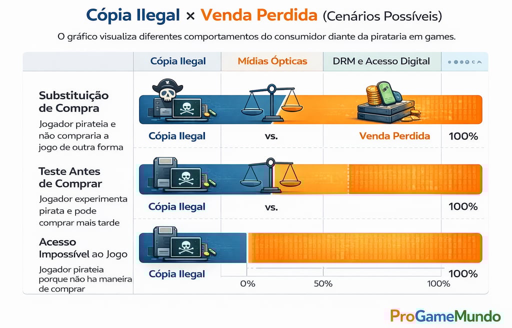 Gráfico comparando cópia ilegal e venda perdida em diferentes cenários de consumo de jogos