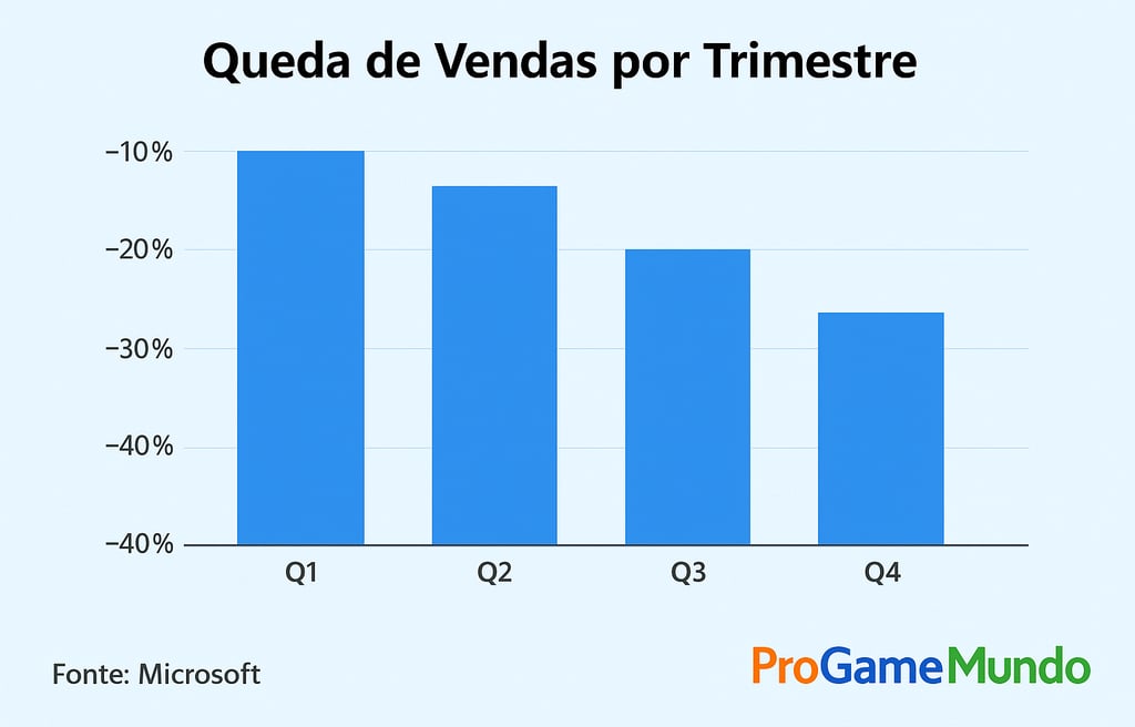 queda percentual das vendas de Xbox por trimestre, variando de -10% a -30%, segundo dados oficiais