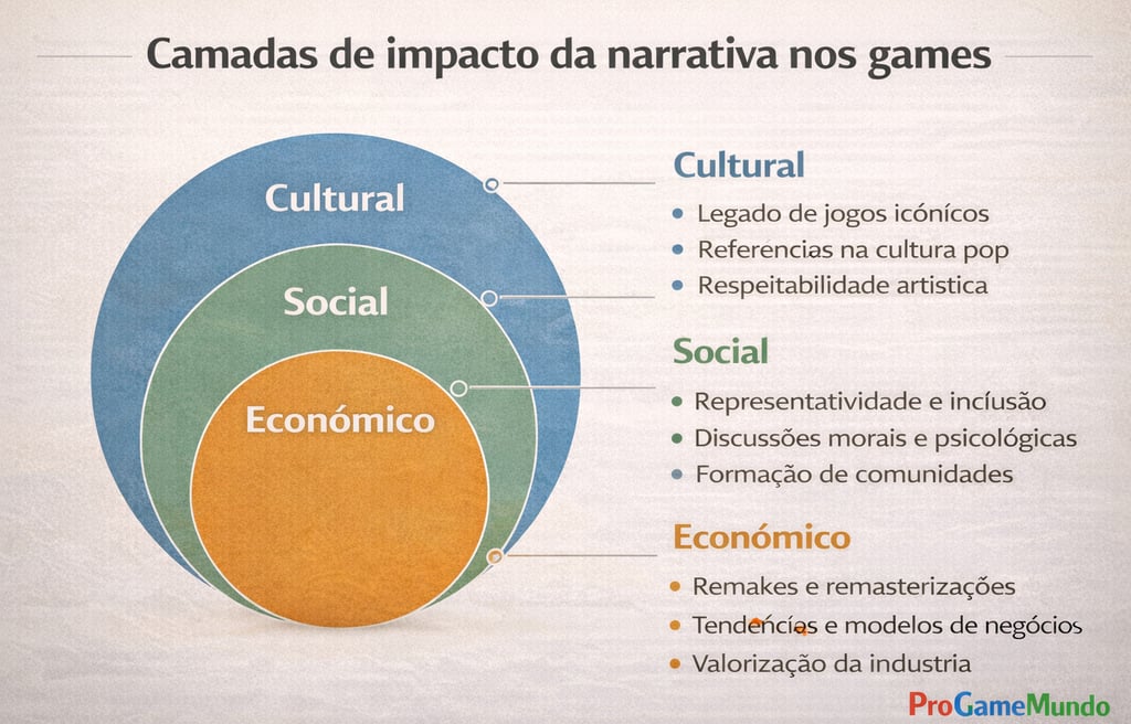 Gráfico em camadas mostra impactos cultural, social e econômico da narrativa nos videogames.