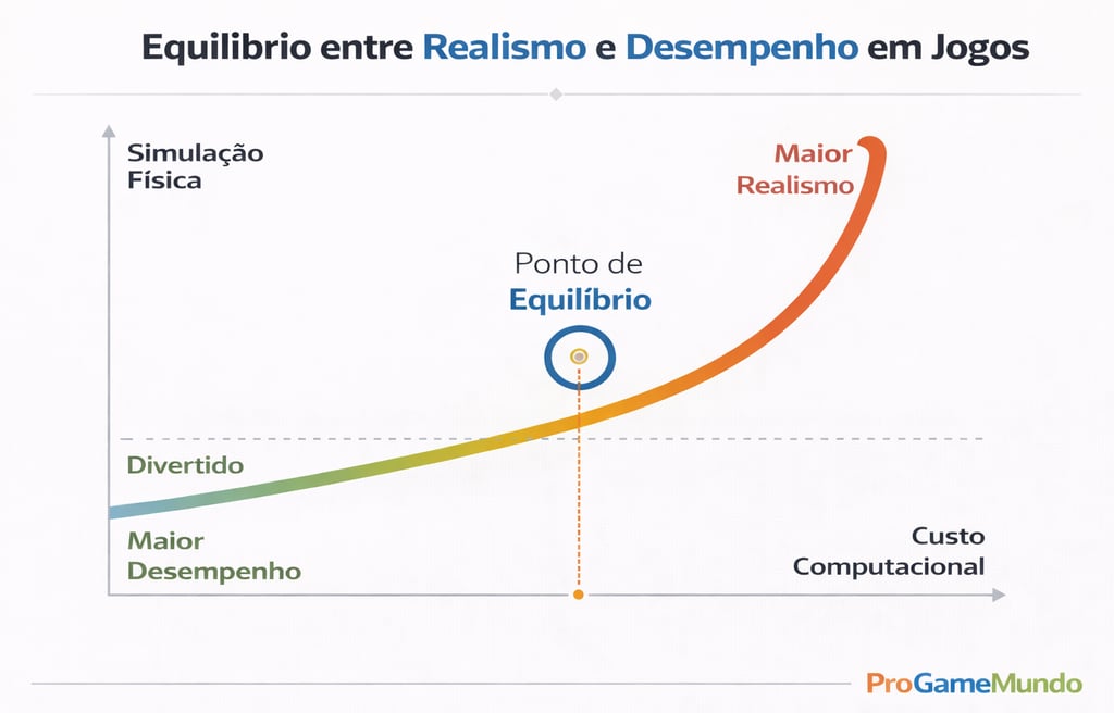 Gráfico mostrando o equilíbrio entre realismo físico, desempenho e custo computacional em jogos