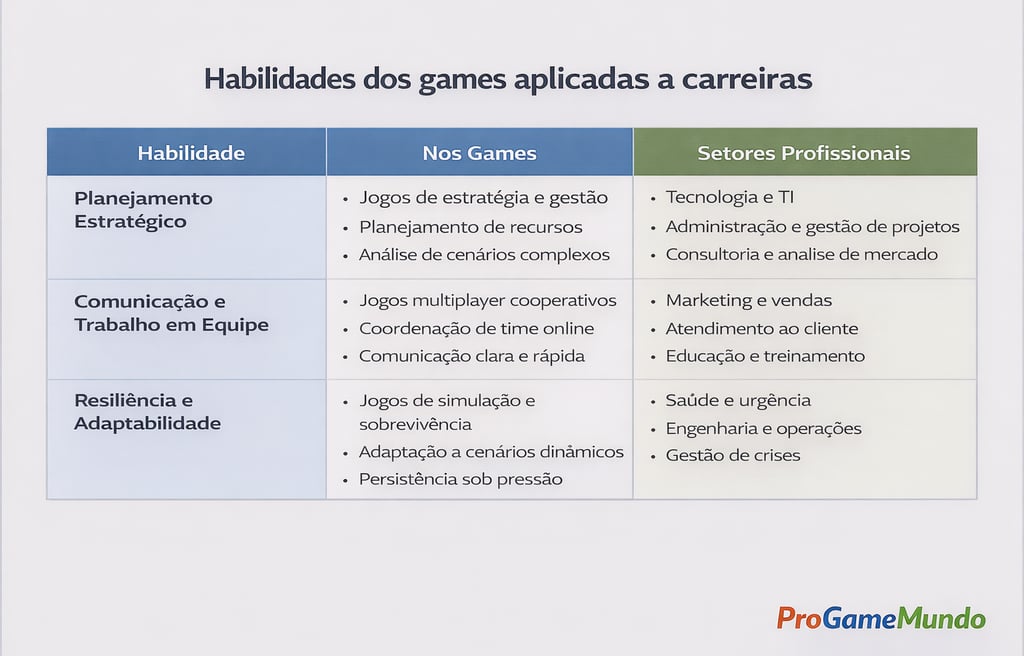 Tabela relaciona habilidades desenvolvidas em jogos digitais a setores profissionais do mercado de t