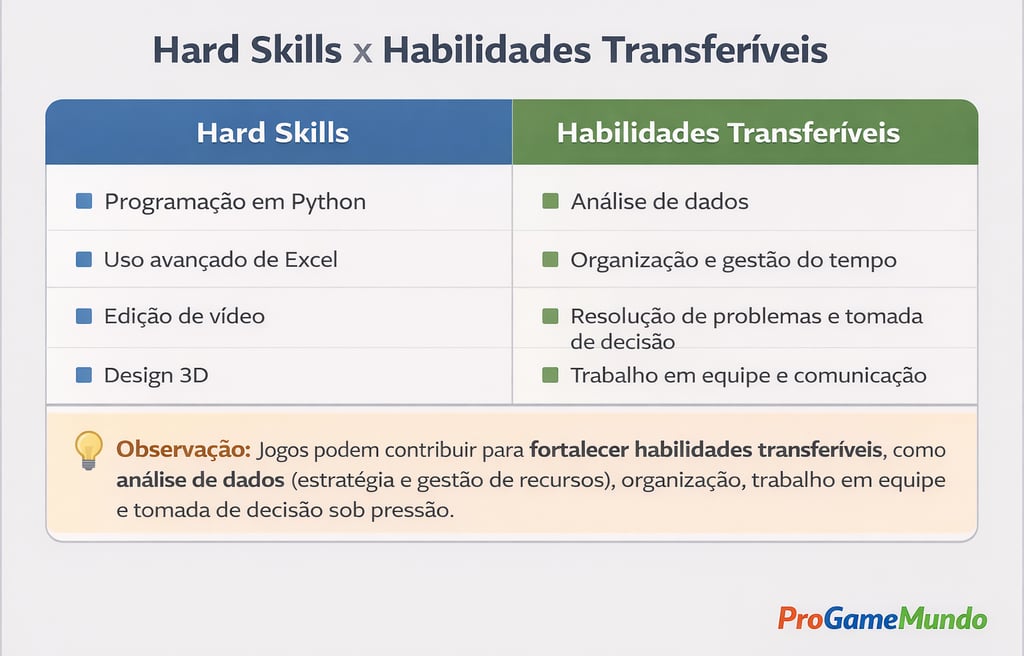 Quadro compara hard skills técnicas e habilidades transferíveis, destacando como games podem fortale