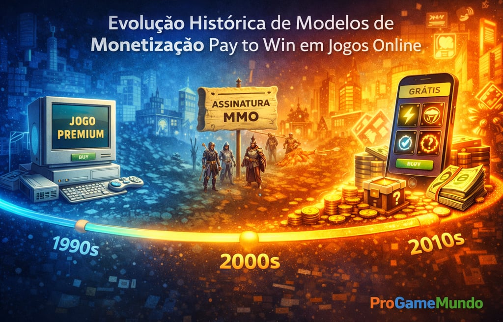 Linha do tempo mostrando a evolução dos modelos de monetização e a origem do pay to win