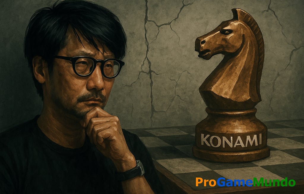 Kojima pensativo diante de peça de xadrez com nome Konami, em tom sombrio.