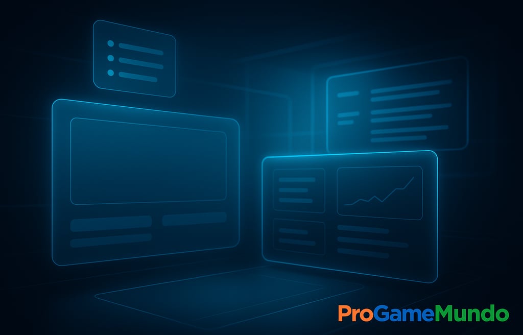 Interface futurista com painéis holográficos em azul, representando um dashboard digital de atualiza