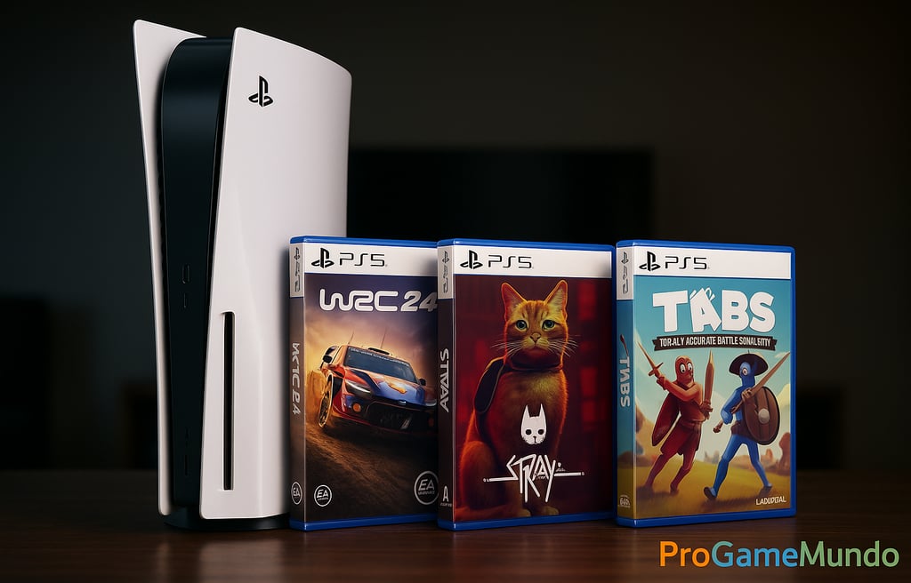 PlayStation 5 em destaque em uma mesa de madeira, com três capas representando jogos