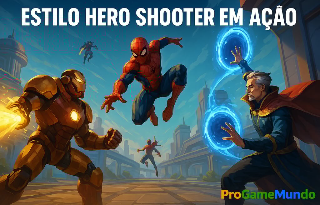 Heróis em batalha dinâmica estilo hero shooter em arena futurista.