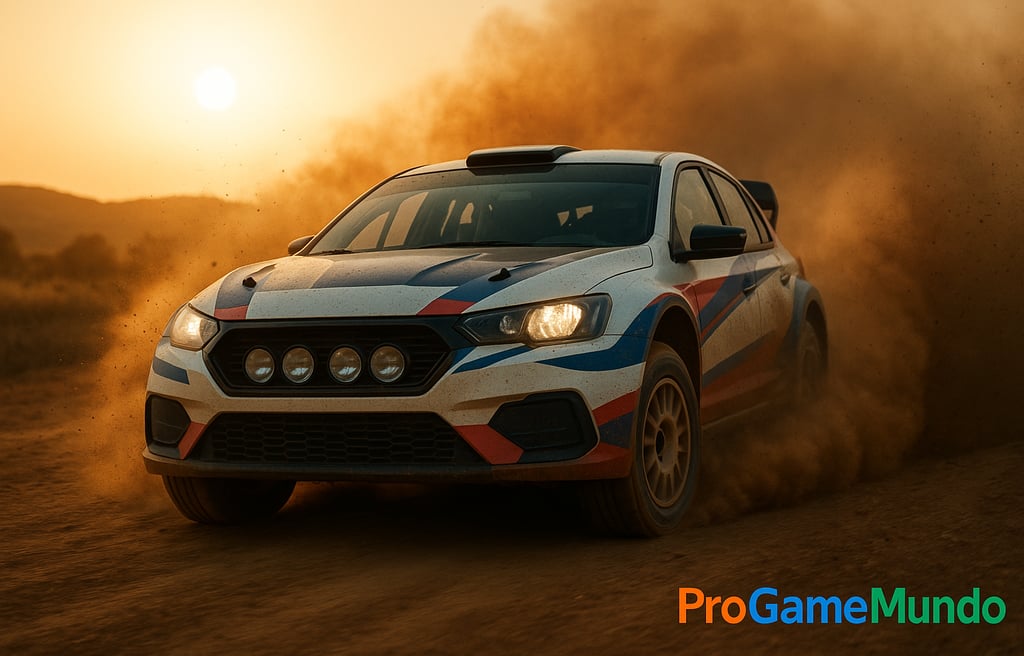 Carro de rally em alta velocidade levantando poeira ao pôr do sol, capturado em close cinematográfic