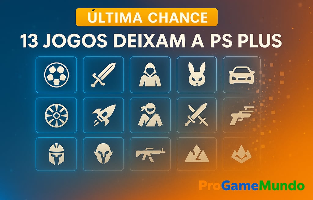 Ícones de 13 jogos em grade futurista representando títulos que saem da PS Plus.