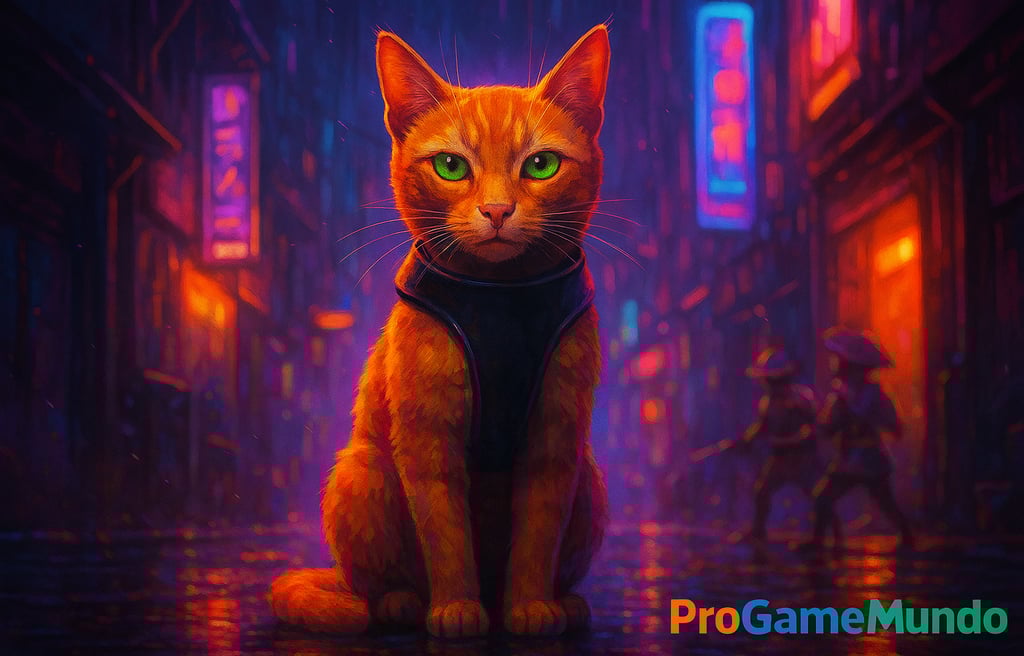 Gato estilizado com estética cyberpunk em rua neon