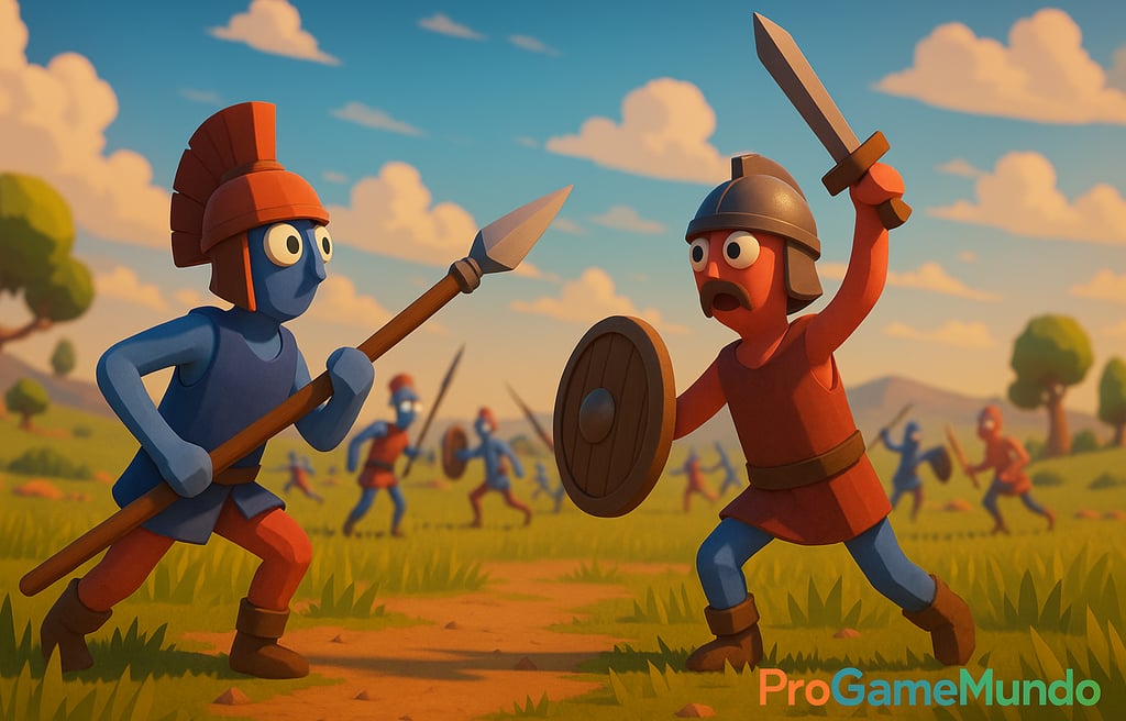 Soldados estilizados em estilo low-poly lutando em um campo aberto ao ar livre, com tons vibrantes