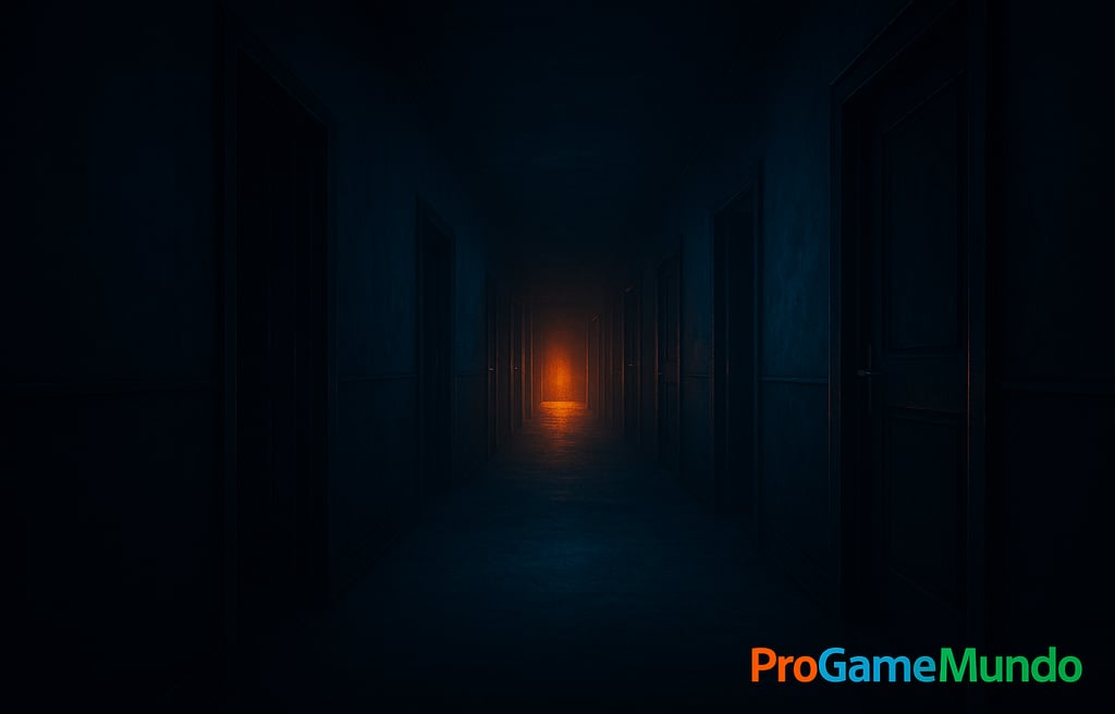 Corredor escuro com portas fechando e um feixe de luz quente no final, simbolizando urgência e últim