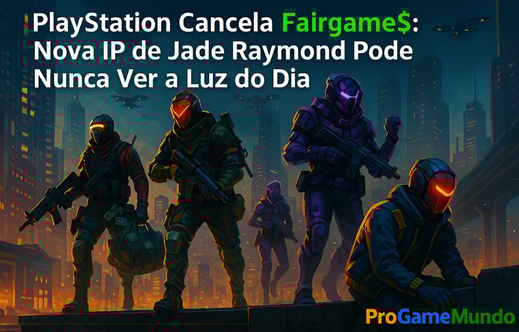 Ilustração de Fairgame$ com assaltantes futuristas em cenário urbano.