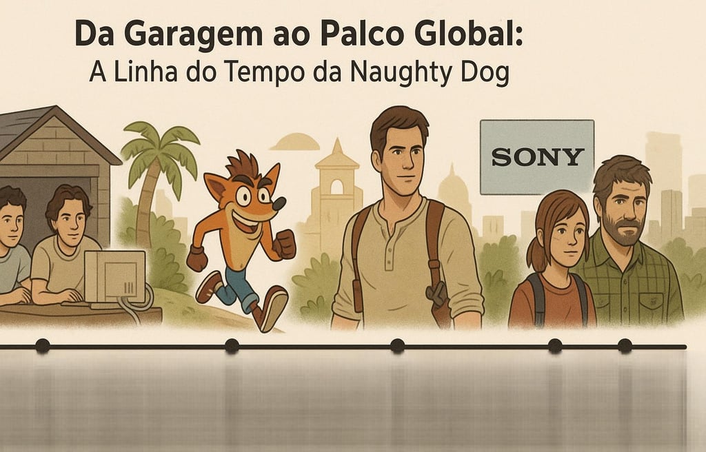 Linha do tempo ilustrada mostrando a evolução da Naughty Dog com marcos visuais de seus jogos