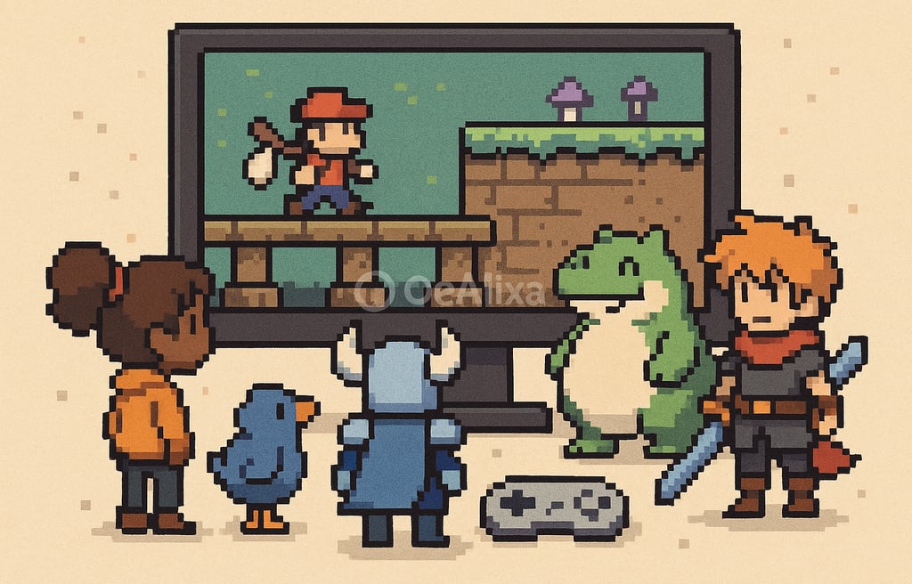 Cena pixel-art com aventureiros